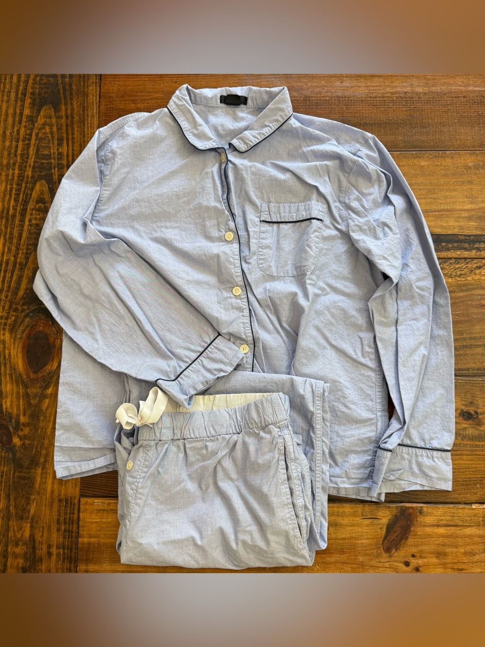 Crew Pajama 2 Piece Set End-On-End 100% Cotton Blue Long Sleeve L Quiet Luxury